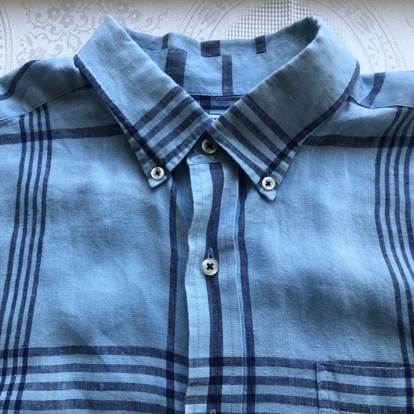 Southern Tide Blue Plaid Button-Down Shirt Trim-Fit Men’s Size L 100% Linen Top - Picture 11 of 16